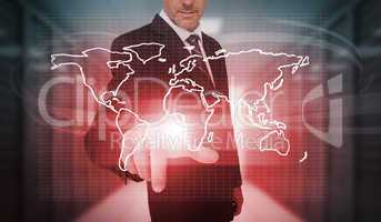 Businessman pressing red world map interface
