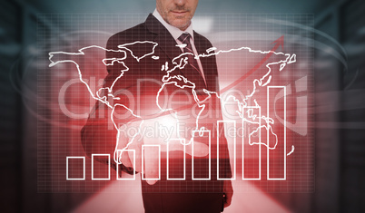 Businessman pressing futuristic chart and world map interface