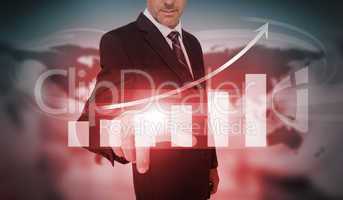 Businessman selecting red bar chart and arrow interface