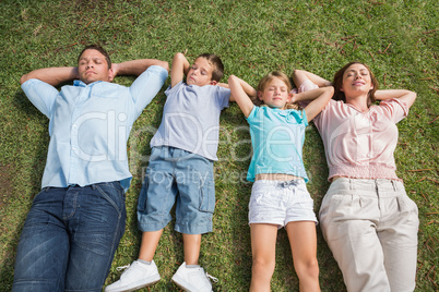 Sleeping family lying on the grass in a row