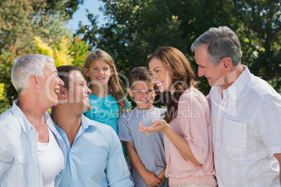 Smiling family and grandparents talking