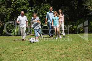 Happy multi generation family playing football