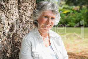 Happy mature woman sitting on tree trunk