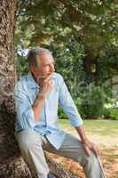 Thoughtful mature man sitting on tree trunk
