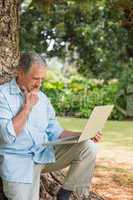 Retired man leaning against tree with a laptop