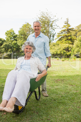 Funny man pushing his wife in a wheelbarrow