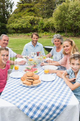 Cheerful extended family having dinner outdoors at picnic table