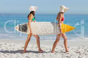 Two attractive women in bikinis holding a surfboard