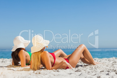 Attractive women in bikinis sunbathing