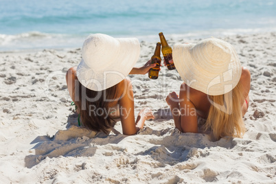 Attractive blonde and brunette in bikinis clinking glass bottles