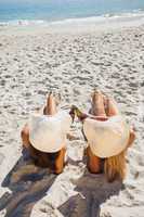 Sexy blonde and brunette in bikinis clinking their glass bottles