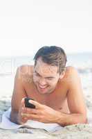 Smiling handsome man on the beach using his cellphone