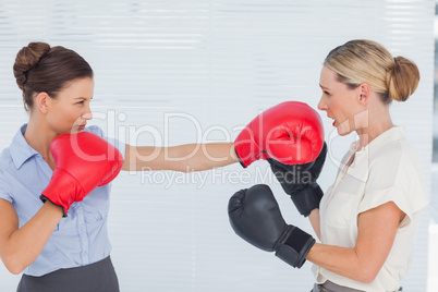 Brown haired businesswoman punching her blond colleague during b