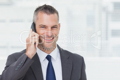 Cheerful businessman looking at camera while having a phone call