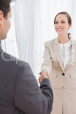 Cheerful businesswoman shaking hands with her new workmate