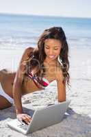 Relaxed sexy young woman in bikini using her laptop