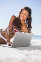 Cheerful attractive young woman in bikini with her laptop
