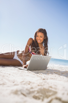 Cheerful attractive woman in bikini using her computer