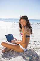 Smiling attractive woman in bikini using her computer