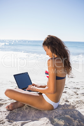 Smiling attractive woman in bikini typing on her computer