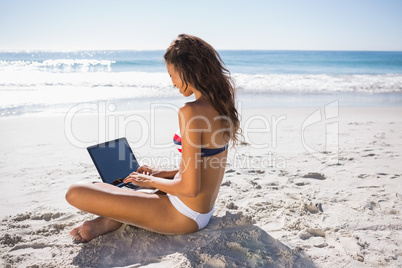 Attractive woman in bikini typing on her computer