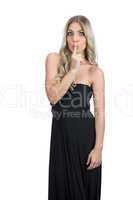 Attractive blonde wearing black dress hiding secret
