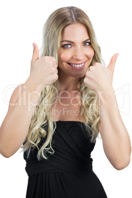 Gorgeous blonde in black dress thumbs up