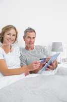 Smiling couple using their tablet pc to buy online