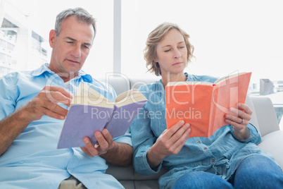 Relaxed couple reading books on the couch