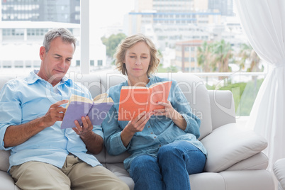 Content couple reading books on the couch