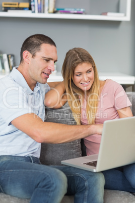 Cheerful couple sitting using laptop on the sofa together