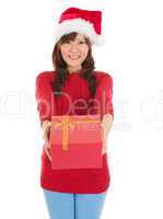 Santa Woman happy giving Christmas Gift Box