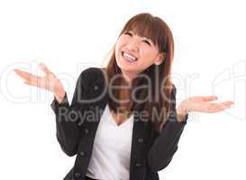 Asian businesswoman open arms showing unbelievable expression