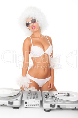 sexy dj woman on white djing