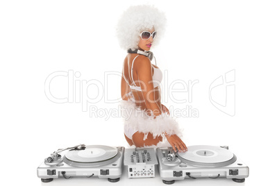 sexy dj woman on white djing