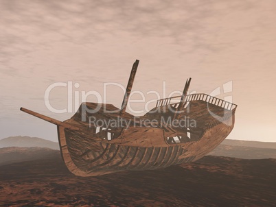 Wreck old boat on the sand - 3D render