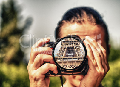 Tourist camera capturing a shot of Eiffel Tower, Paris