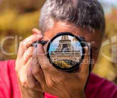 Tourist capturing a shot of Eiffel Tower, Paris