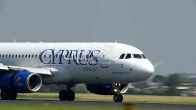 CYPRUS Airways airplane touch down roll close 11012