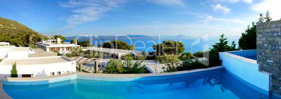 the panorama of sea view swimming pool in the luxury hotel, pelo