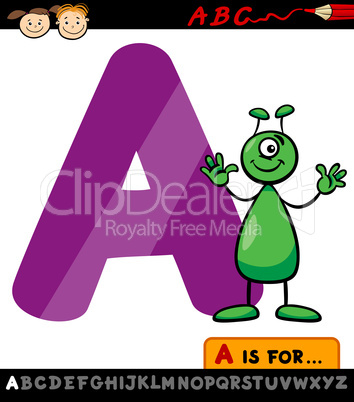 letter a with alien cartoon illustration