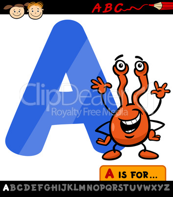 letter a with alien cartoon illustration