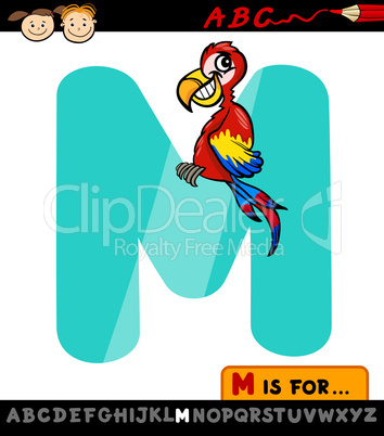 letter m with macaw cartoon illustration