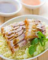 Siu Yuk or sliced Chinese boneless roast pork with crispy skin