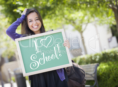 Mixed Race Female Student Holding Chalkboard With I Love School