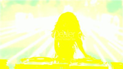 Female silhouette DJ mixing on record deck