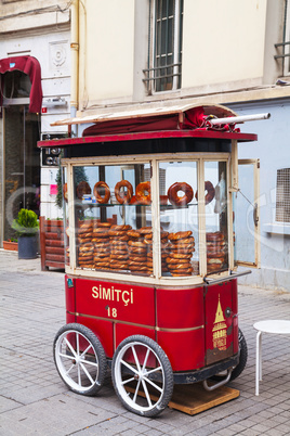 mobile cart with simits (turkish bagels) in istanbul, turkey