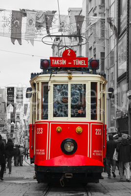 Old-fashioned red tram at the street of Istanbul