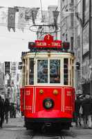 Old-fashioned red tram at the street of Istanbul