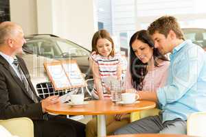 Couple reading papers in car dealership